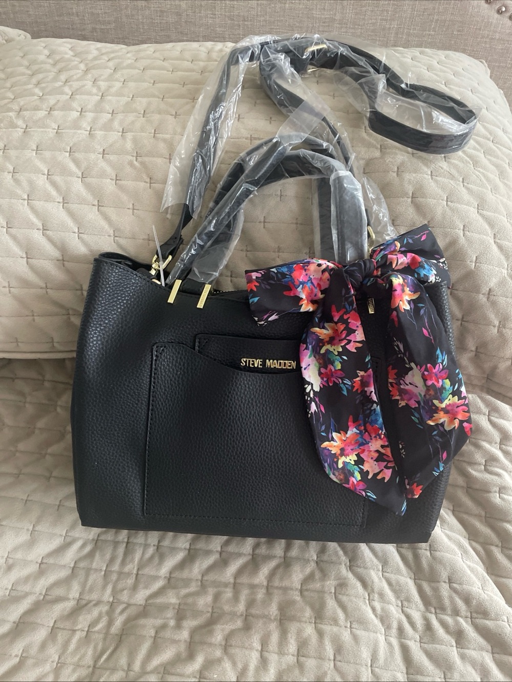 Steve Madden Black Pebbled Shoulder Tote with Floral Scarf Accent